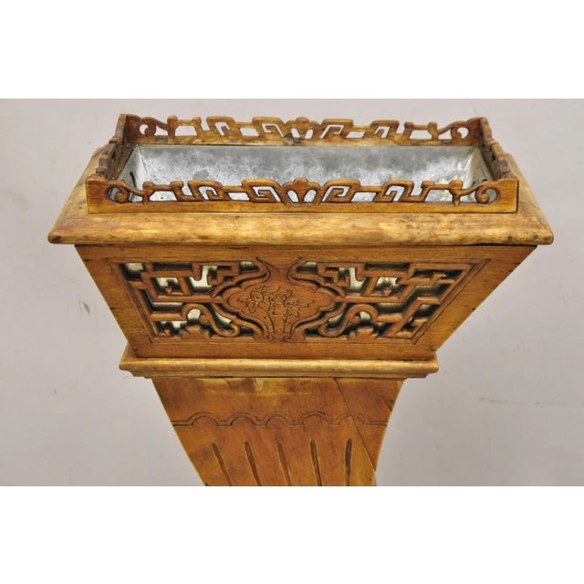Chinese Vintage Carved Teak Wood Fretwork Figural Cornucopia Chinese Plant Stand Planter For Sale - Image 3 of 11