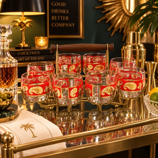 1960s Circa 1960s Culver Red Paisley 22k Gold XL Roly Poly Glasses Caddy Set- 9 Pieces For Sale - Image 5 of 11