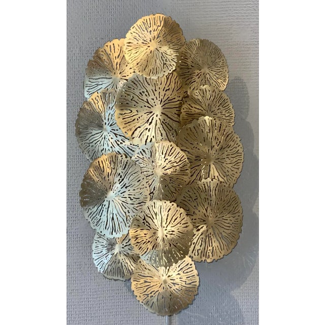 Original Retail $1974, stylish Studio a Home Modern Brass Finished Lily Pad Sconces Pair, showroom floor sample