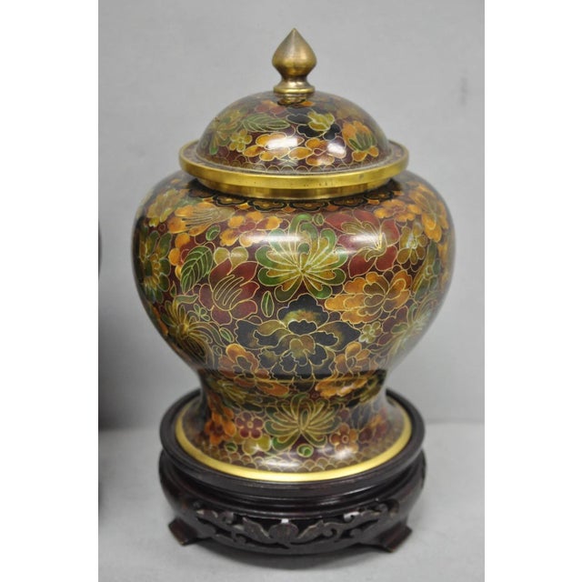 Vintage Cloisonné Chinese Small Enameled Brown Covered Ginger Jar on Stand, Pair For Sale - Image 11 of 18