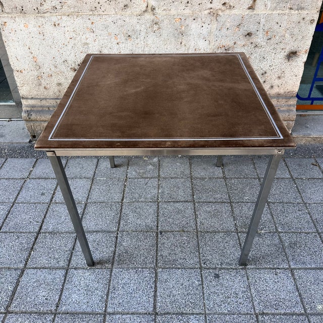 Folding Game Table in Steel and Velvet attributed to Christian Dior, France, 1970s For Sale - Image 10 of 18