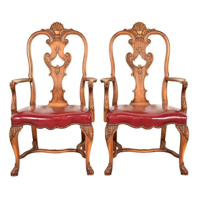 Berkey & Gay Antique Georgian Burled Walnut Armchairs, Pair For Sale