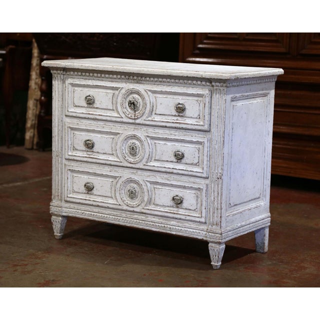 19th Century French Louis XVI Carved Painted Commode With Medallion Drawers For Sale In Dallas - Image 6 of 11