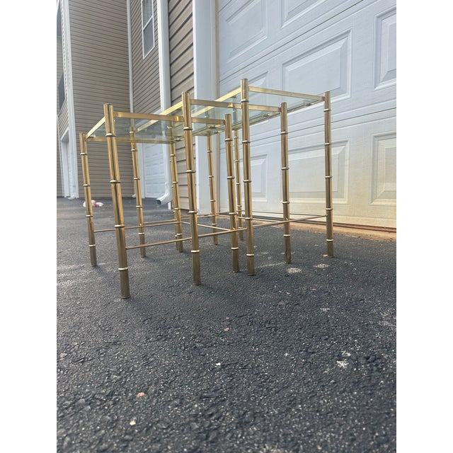 Maison Baguès Style Brass Faux Bamboo Glass Nesting Tables – Hollywood Regency Mid-Century Set of 3 For Sale - Image 11 of 12
