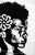 Rendered entirely in black and white, this piece is immediate and high-contrast: a face emerges from curling, looping...