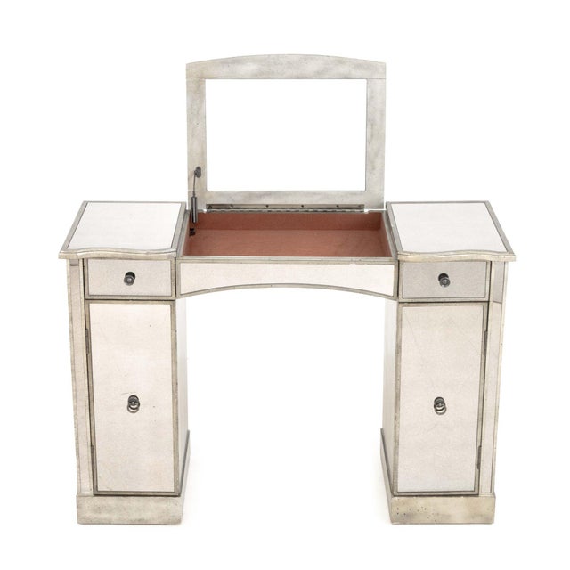 Hollywood Regency Style Mirrored Vanity Table, silvered wood frame with lift top opening to storage compartment above two...