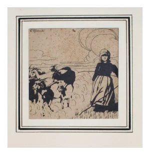Pastorella (Shepherdess)- China Ink on Paper by G. Roveroni - Early 20th Century Early 20th Century