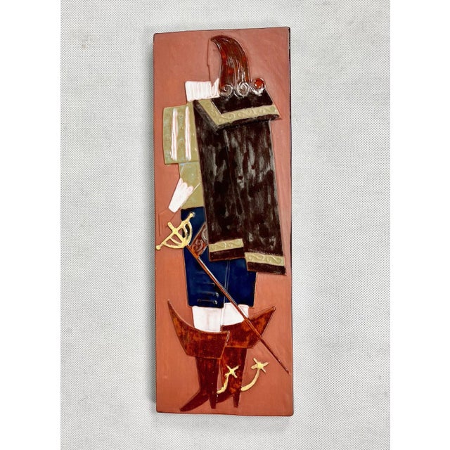 Boho Chic Czech Ceramic Relief Tile with Musketeer from Keramo Vršovice, 1960s For Sale - Image 3 of 8