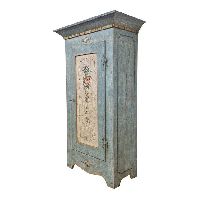 Pantry cabinet with internal wooden shelves. Made of light blue lacquered wood in Tyrolean style. Dimensions (wxdxh) 102 x...