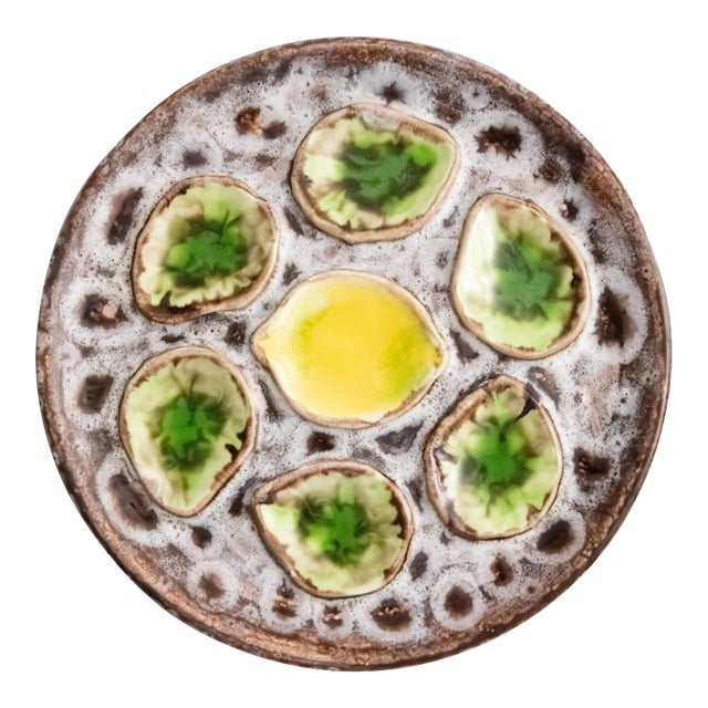 Vintage French Green & Yellow Lemon Majolica Oyster Plate, After Vallauris For Sale