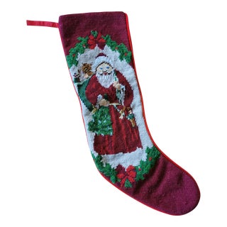 Vintage 1980s Handmade Santa Claus Needlepoint Christmas Stocking For Sale