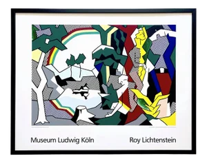 Roy Lichtenstein Vintage 1989 Fine Art Silkscreen Print Framed Pop Art Museum Poster " Landscape With Figures and Rainbow " 1980