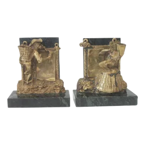 Pair of Bronze Monkey and Green Marble Bookends