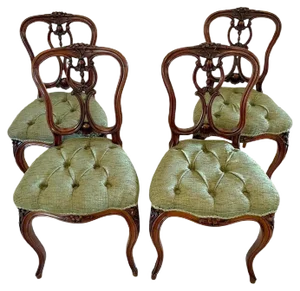 Antique Victorian French Carved Walnut Side Chairs, Set of 4