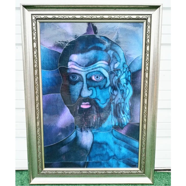 Custom Made Mosaic Collage Bright Blue Framed Portrait of Man Wall Art Signed For Sale - Image 10 of 10