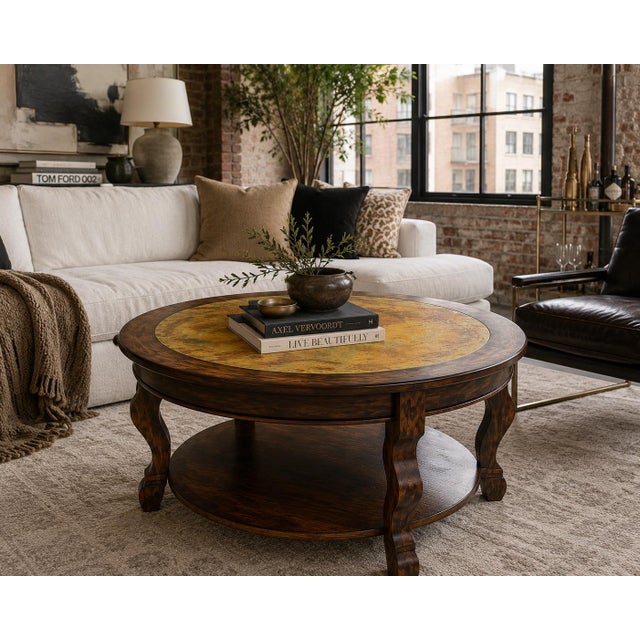 Mid 20th Century Old World Tobacco Walnut Coffee Table With Verdigris Metal Inset Top For Sale - Image 4 of 4