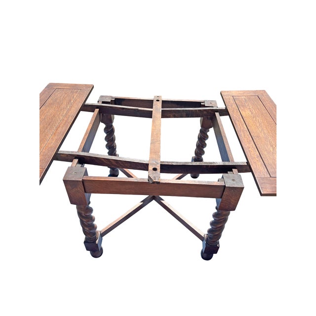 1930s Antique Barley Twist Leg Extendable Dining or Kitchen Table in Oak Wood For Sale - Image 5 of 11
