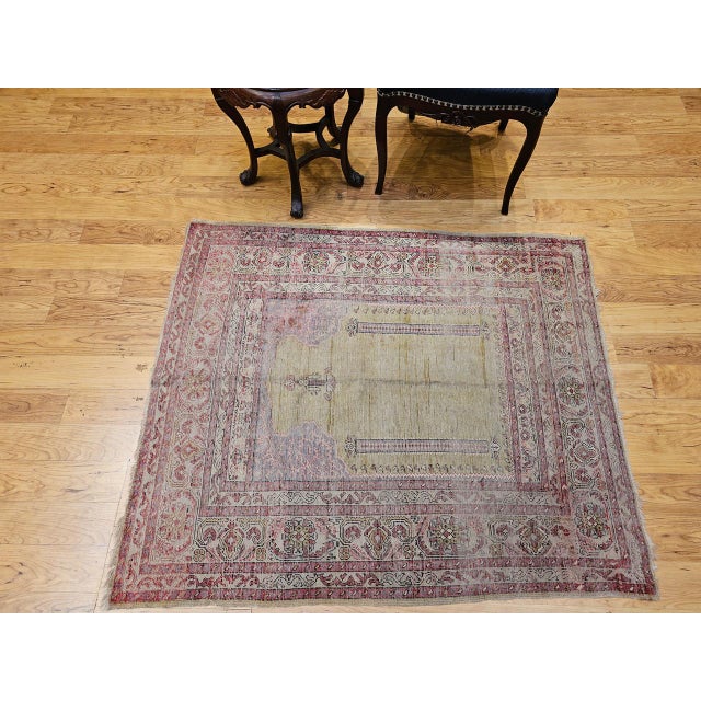 Late 19th Century Turkish Prayer Rug, Handwoven Wool, Pale Yellow, 4' x 4' For Sale In Chicago - Image 6 of 16