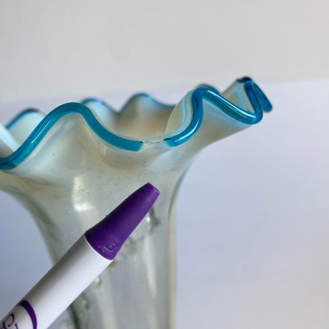 Victorian Epergne Blue Vaseline Glass Antique Ruffle Art Glass Vase For Sale - Image 12 of 12