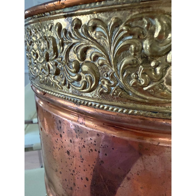 Metal Antique Copper & Repoussé Brass Victorian-Style Wastepaper Basket / Decorative Waste Bin For Sale - Image 7 of 12