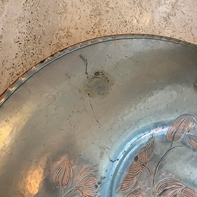 Mid 20th Century Large Aluminum and Rattan Decorative Floral Motif Serving Tray For Sale - Image 10 of 10