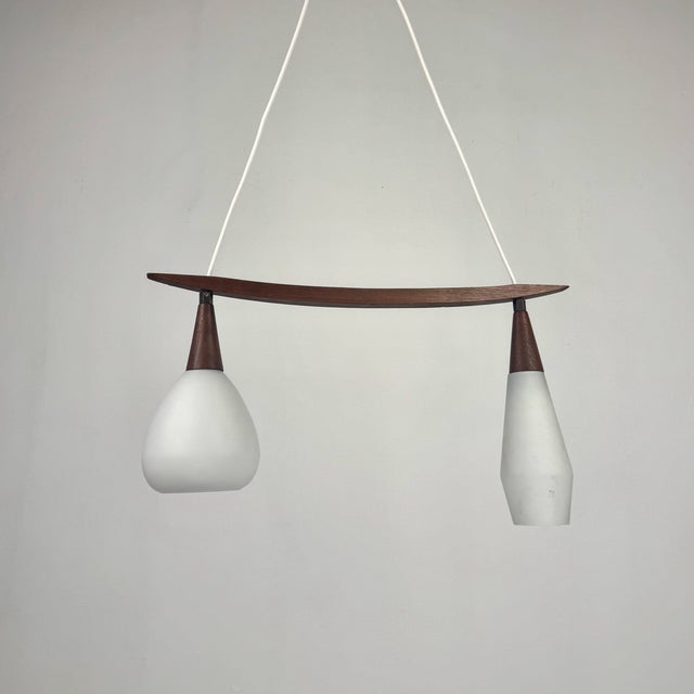 1960s Mid-Century Modern Scandinavian Teak and White Glass Double Pendant Light, 1960s For Sale - Image 5 of 9