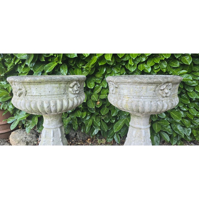 Weathered Garden Urns on Plinths, 1930, Set of 2 For Sale - Image 4 of 9