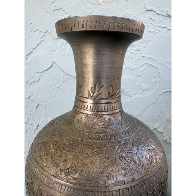 Indian Vintage Hand-Engraved Brass Vase With Floral Motifs, Middle Eastern / Indian Style 11.5” For Sale - Image 3 of 9