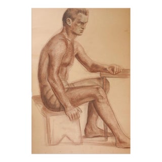 Vintage 1950s Male Sepia Charcoal Figure Study Drawing For Sale