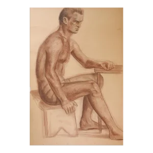 Vintage 1950s Male Sepia Charcoal Figure Study Drawing