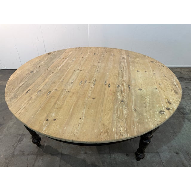 1970s Large Rustic Round Pine Dining Table With Ebonized Turned Legs For Sale - Image 5 of 7