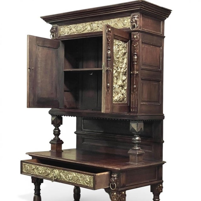 19th Century Flemish Renaissance Revival Secretary Bookcase in Solid Oak With Embossed Brass Panels For Sale - Image 11 of 13