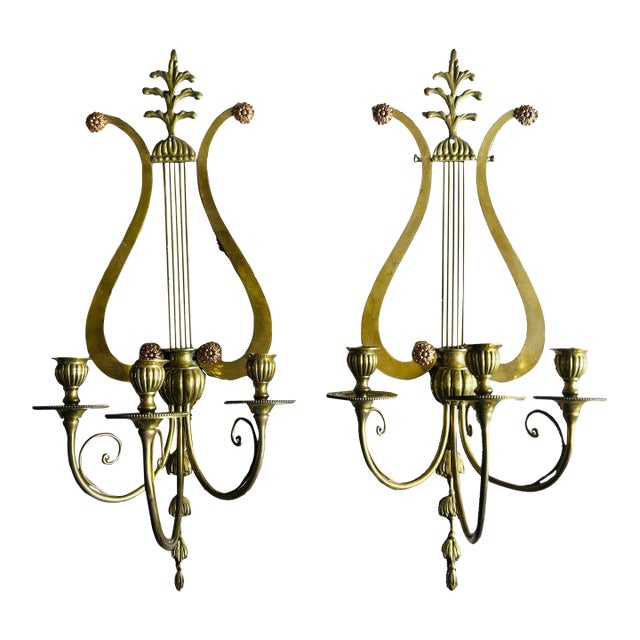 Vintage Lyre Harp Brass and Copper Candle Sconces - a Pair For Sale