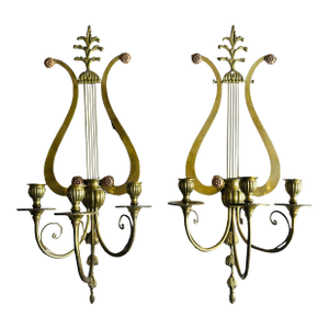 Vintage Lyre Harp Brass and Copper Candle Sconces - a Pair