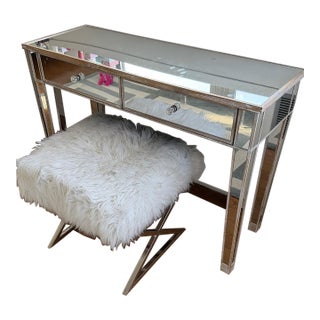 Inspired Home Mirrored Vanity & Faux Fur Ottoman Set For Sale