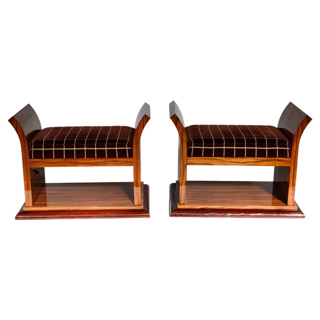 Art Deco Stool in Nutwood High Gloss Lacquered with Checkered Upholstery, 1930s For Sale