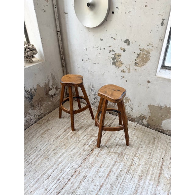 Brown Vintage Oak Stools by Henri Bataille, 1960s, Set of 2 For Sale - Image 8 of 18
