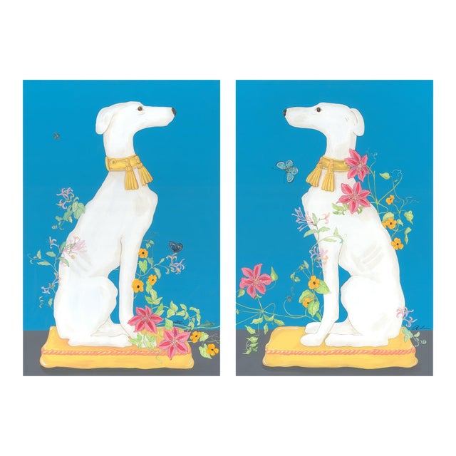 “Hound by Me” Chinoiserie Greyhound Dog Statue Painting by Allison Cosmos For Sale