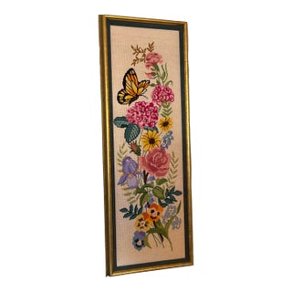 1970s Vintage Butterfly Needlepoint Embroidered Wall Art, Framed For Sale