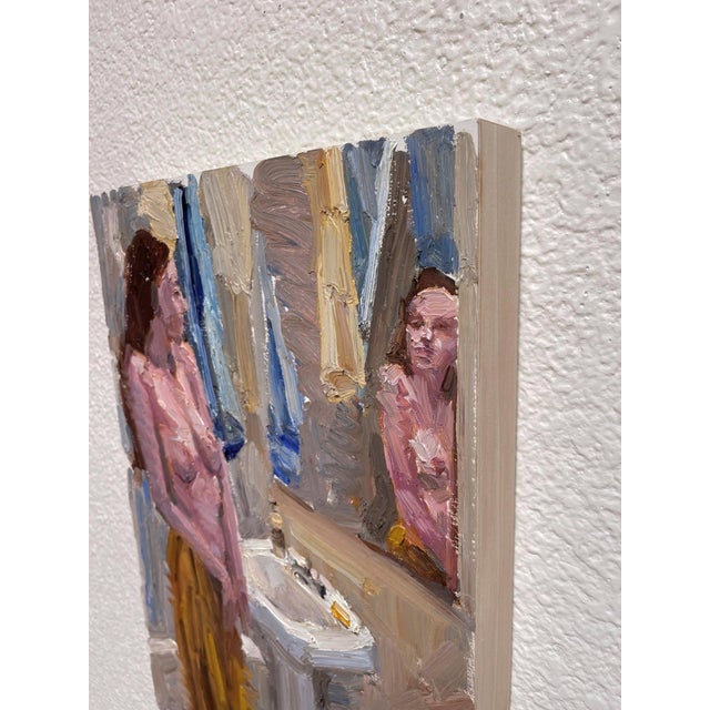 Figurative Annunciation by Clyde Steadman | Oil Painting of a woman standing by a bathroom mirror For Sale - Image 3 of 3
