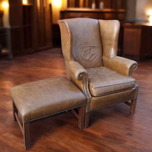 Wingback Leather Armchair and Matching Ottoman by Classic Leather. For Sale In Raleigh - Image 6 of 12