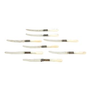 Vintage Genuine Mother of Pearl , Metal and Stainless Steel Appetizer or Cheese Knives Set of 8 For Sale