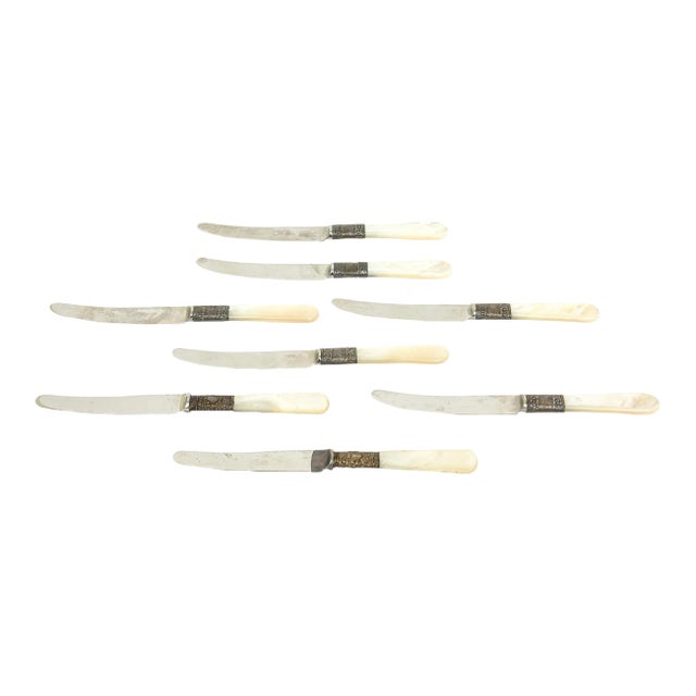 Vintage Genuine Mother of Pearl , Metal and Stainless Steel Appetizer or Cheese Knives Set of 8 For Sale