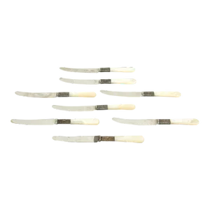 Vintage Genuine Mother of Pearl , Metal and Stainless Steel Appetizer or Cheese Knives Set of 8