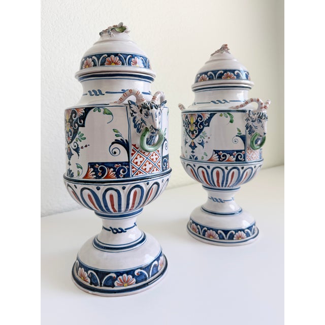 Pair of Mid-Century French Hand Painted Faience Urns With Ram Head Handles For Sale - Image 4 of 18