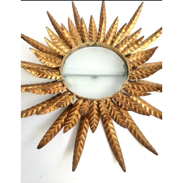 Large Spanish sunburst light in gilt metal and frosted glass ; white ; opaline Spain, 1950s. Midcentury antique gilt iron...
