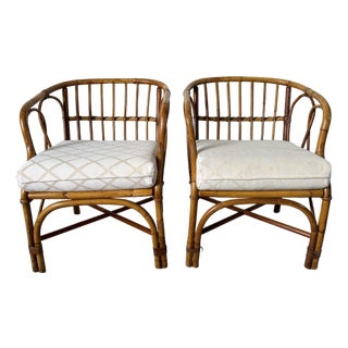 1970's Vintage Coastal Bamboo Rattan Barrel Lounge Chairs - A Pair For Sale