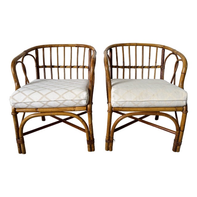 1970's Vintage Coastal Bamboo Rattan Barrel Lounge Chairs - A Pair For Sale