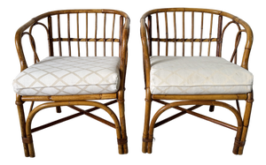 1970's Vintage Coastal Bamboo Rattan Barrel Lounge Chairs - A Pair