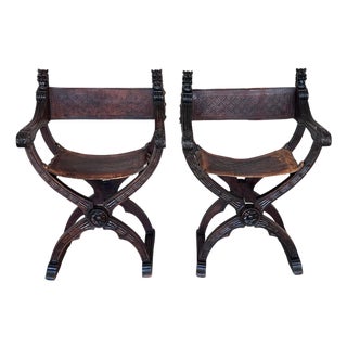 19th Century Pair of Carved Walnut Folding Scissors Savonarola Bench or Settle For Sale